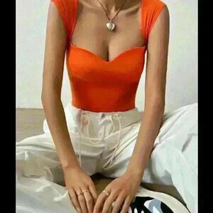 NWT Shien orange off sholder polyblend trendy halter bustier back zip sexy top M